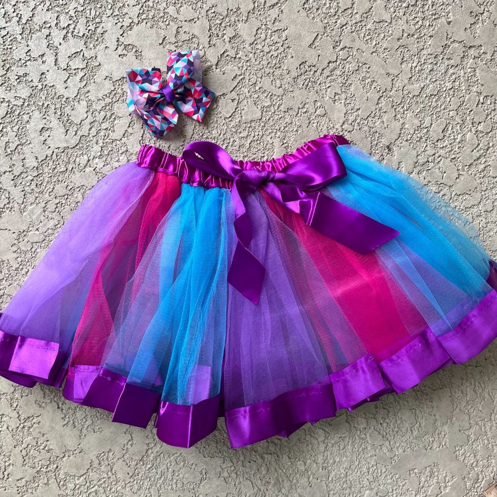 Layered Ballet Tulle Purple/Teal Tutu Skirt for Girls Dress Up with Colorful Bow